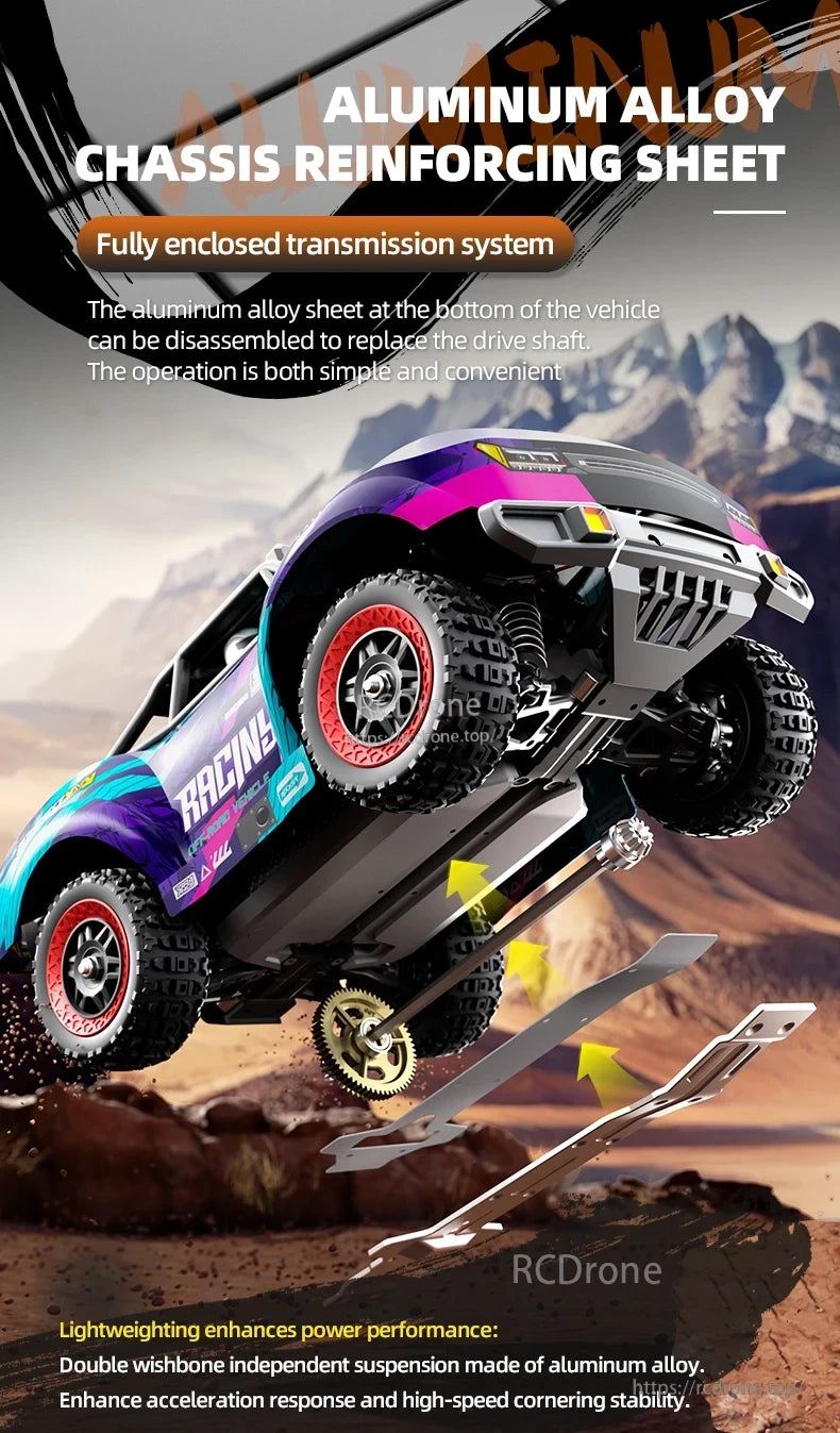 SCY 18103 PRO 1/18 RC Car, Reinforced aluminum chassis, enclosed transmission, lightweight design, and double wishbone suspension enhance power, acceleration, and cornering stability.