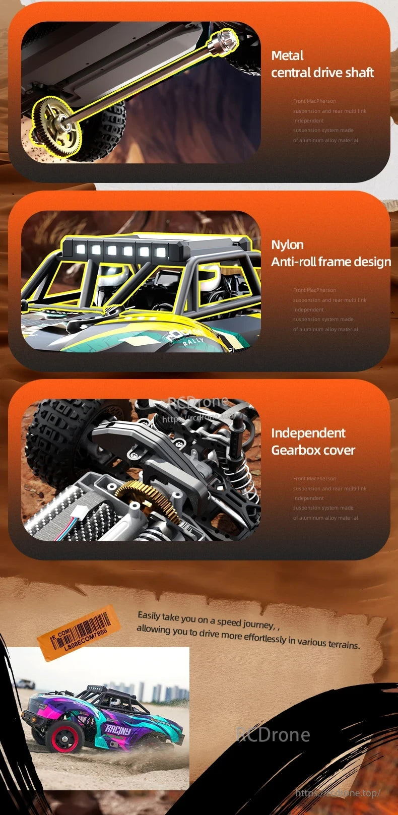 SCY 18103 PRO 1/18 RC Car, Durable drone with metal drive shaft, nylon frame, aluminum suspension—front MacPherson, rear multi-link—for smooth, stable performance on diverse terrains.