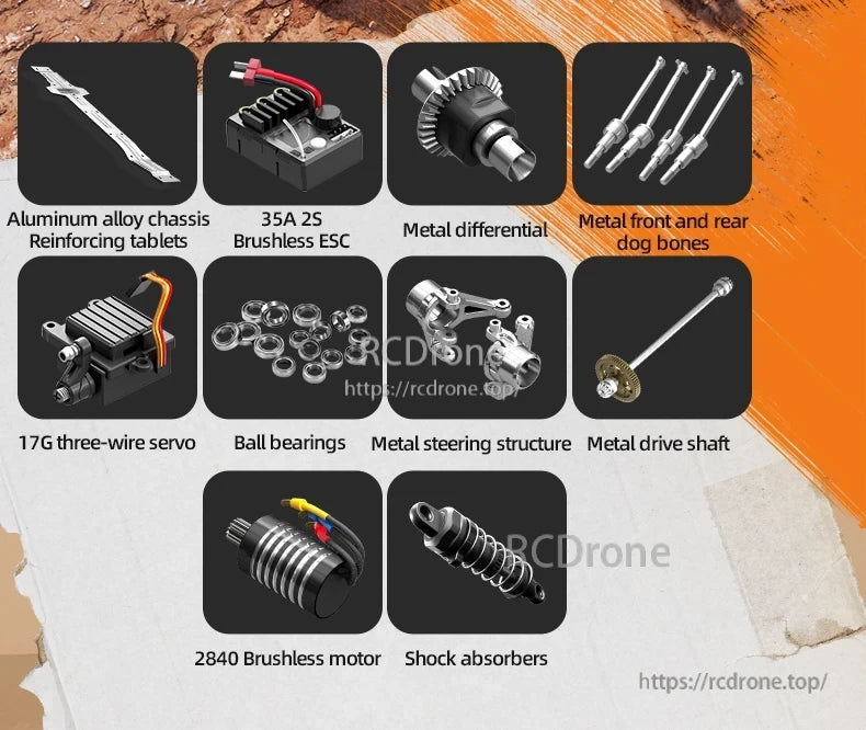 SCY 18103 PRO 1/18 RC Car, Durable aluminum chassis with brushless motor, metal differential, dog bones, servo, bearings, steering, drive shaft, ESC, and shock absorbers for high-performance RC vehicle operation.