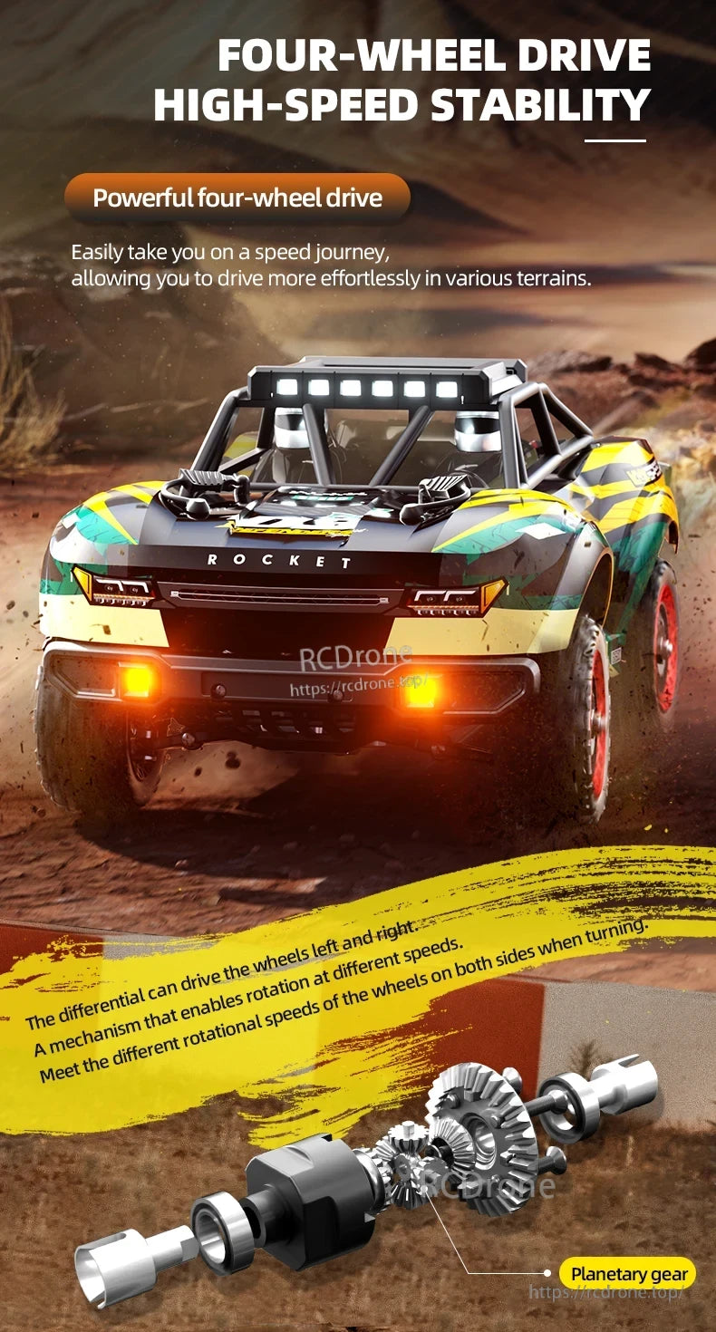 SCY 18103 PRO 1/18 RC Car, ROCKET’s four-wheel drive, differential mechanism, and planetary gear system ensure superior traction, stability, and agility on diverse terrains for a dynamic, high-performance driving experience.