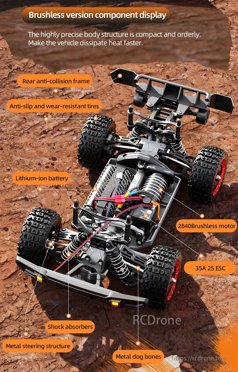 SCY 18103 PRO 1/18 RC Car, High-performance brushless RC car featuring a 2840 motor, 35A ESC, lithium-ion battery, metal steering, shocks, and anti-slip tires for superior control and speed.