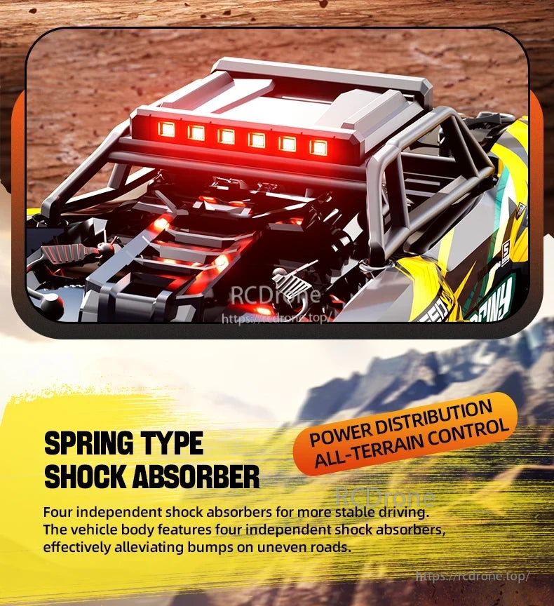 SCY 18103 PRO 1/18 RC Car, Four independent spring shock absorbers ensure stability with all-terrain power distribution control. (12 words)