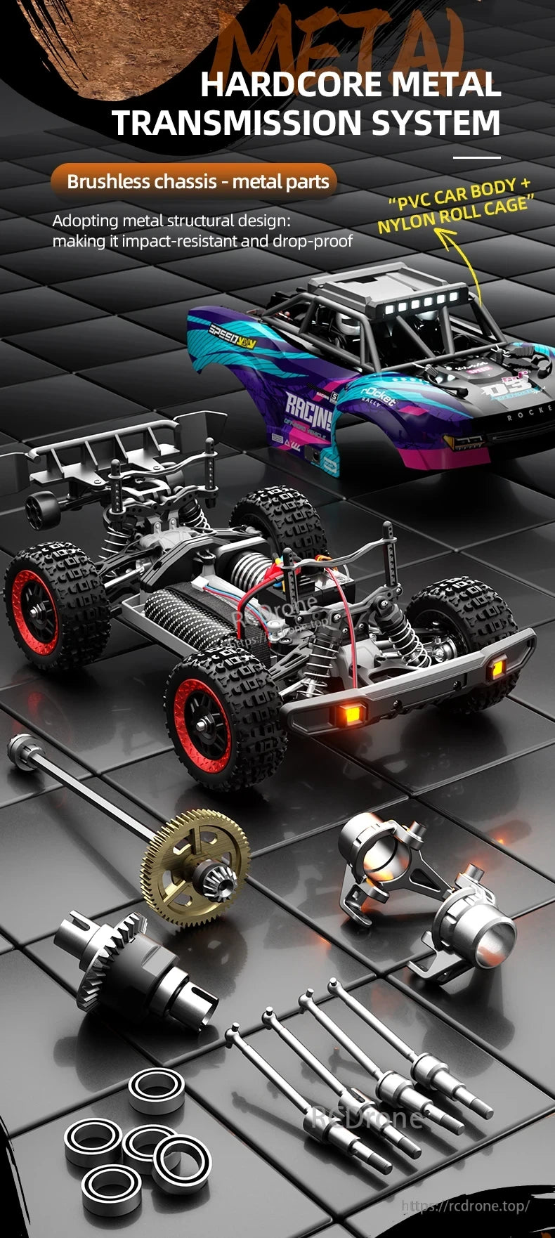 SCY 18103 PRO 1/18 RC Car, Durable drone with metal transmission, brushless chassis, PVC body, nylon roll cage, and impact-resistant, drop-proof design for rugged performance.