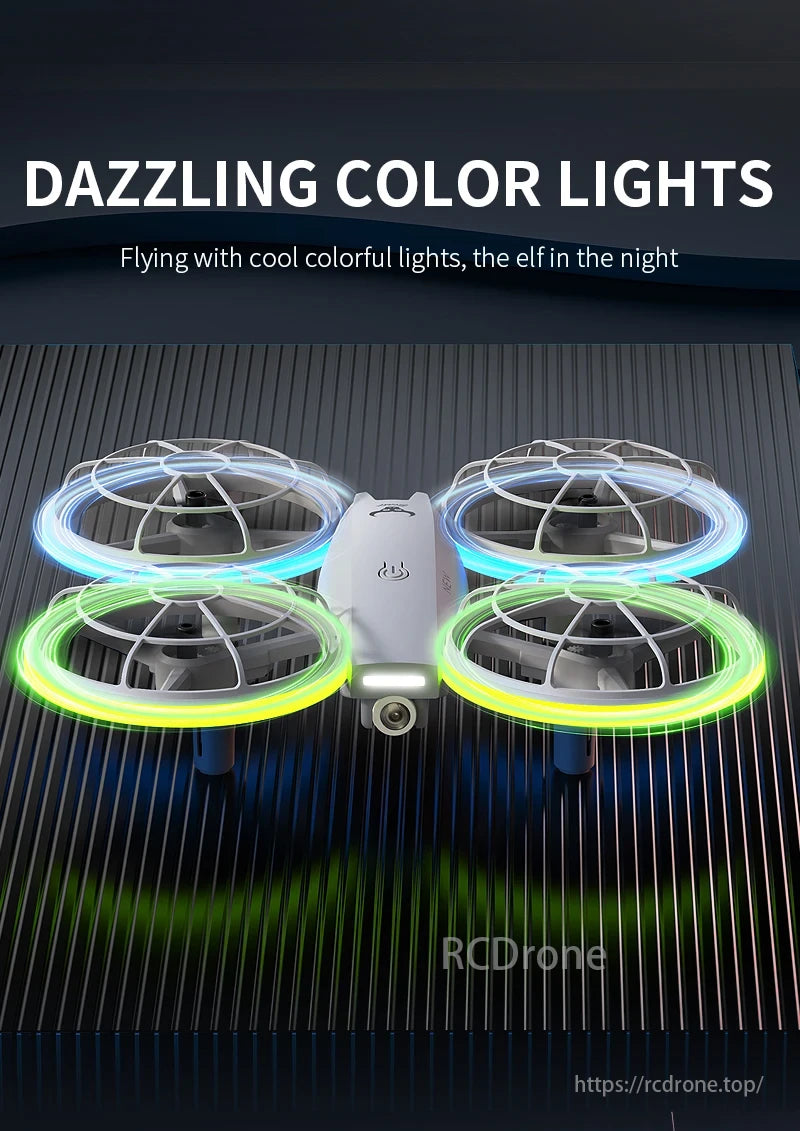 SG500 MAX Drone, A drone featuring illuminated propellers and a camera, flying with vibrant colorful lights like an elf in the night.