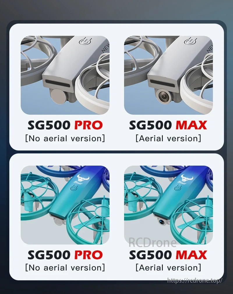 SG500 MAX Drone, SG500 Pro and Max versions, with and without aerial capabilities, are displayed.