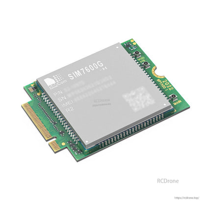 Angled close-up of SIM7600G-H M.2 module showing edge connector and shielded modem can