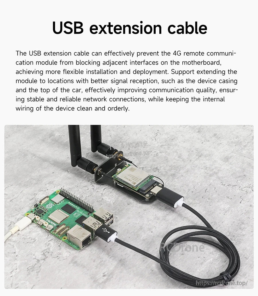 USB extension cable used to reposition the module and antennas away from a Raspberry Pi for better placement