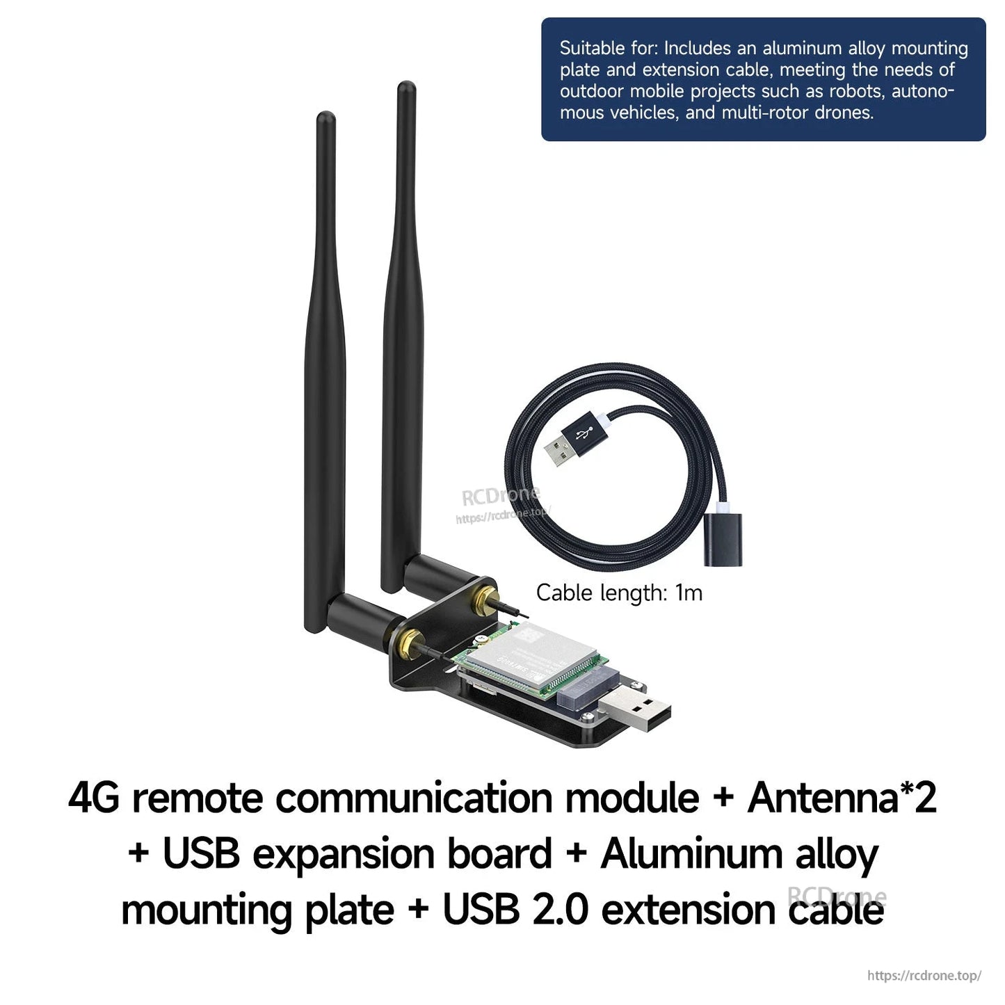 Included accessories shown: two antennas, USB expansion board with module, aluminum mounting plate and 1 m USB cable