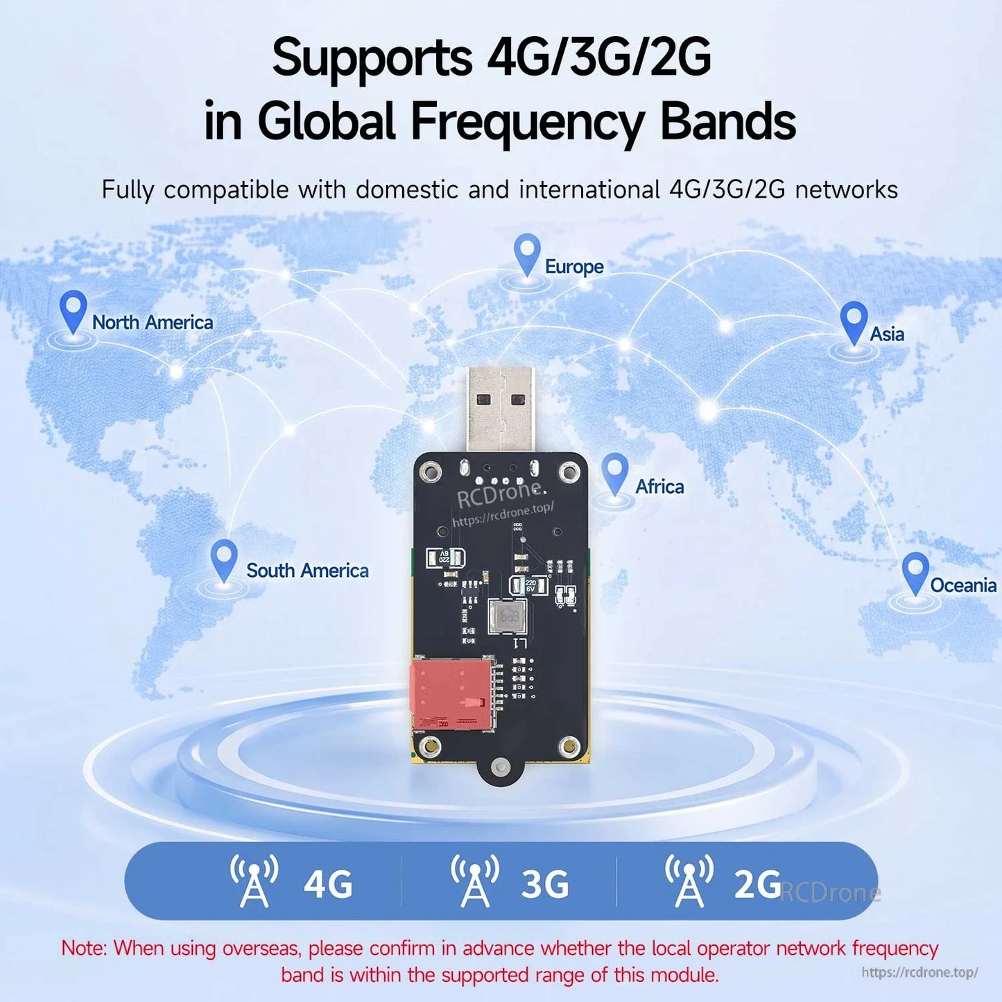 Global 4G/3G/2G frequency bands support graphic with world map and USB adapter board shown