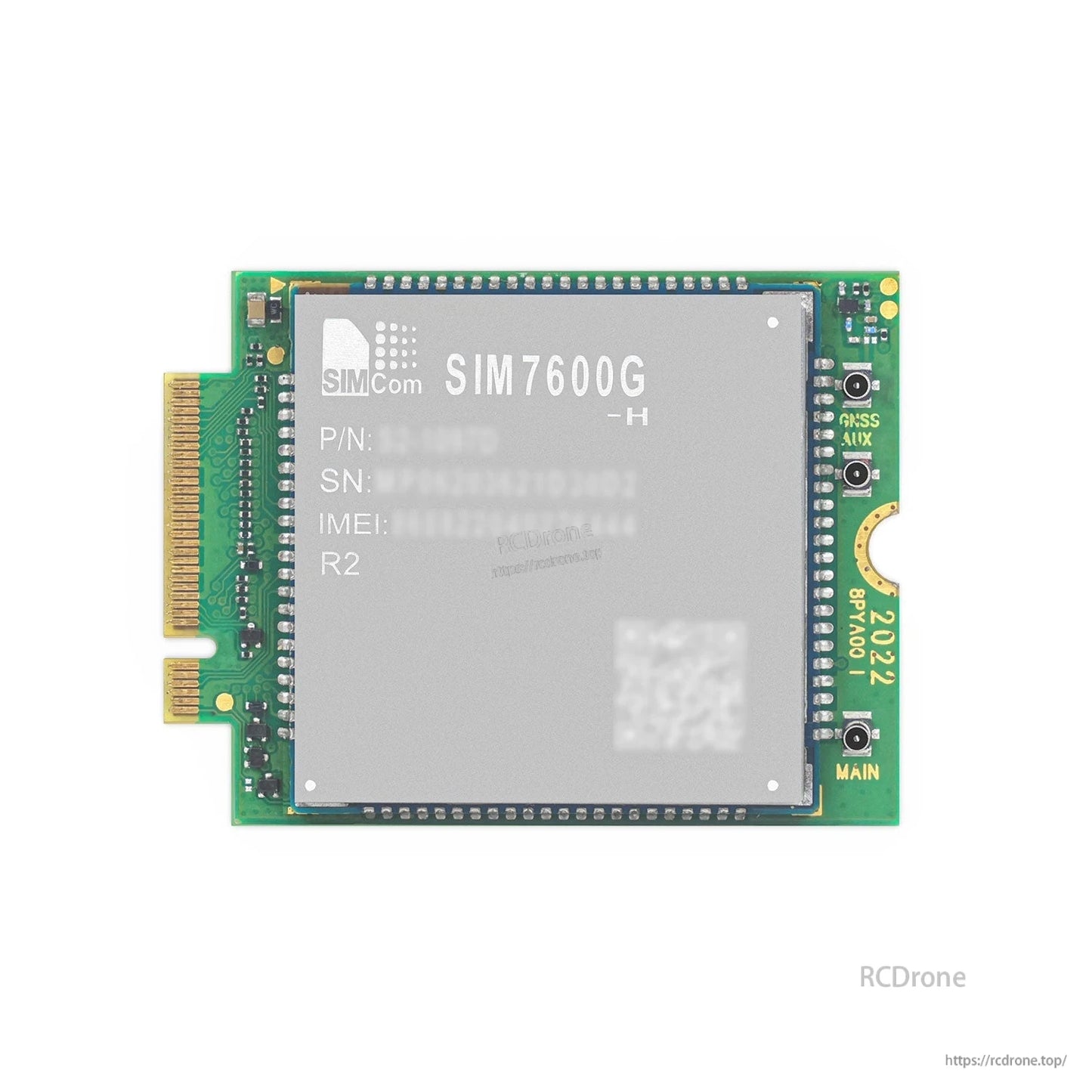 Top view of SIM7600G-H M.2 cellular module showing shield can and GNSS/AUX and MAIN antenna connector labels