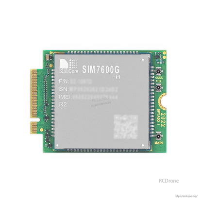 Top view of SIM7600G-H M.2 cellular module showing shield can and GNSS/AUX and MAIN antenna connector labels