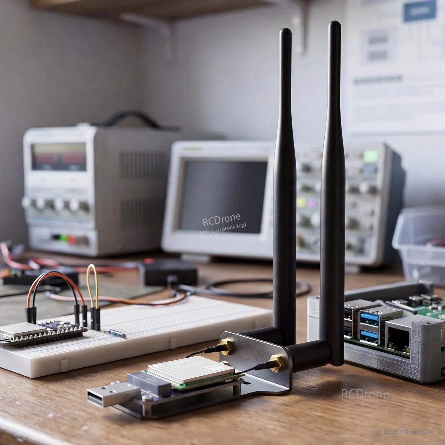 Workbench setup showing module on USB adapter with dual antennas connected next to development boards and test gear