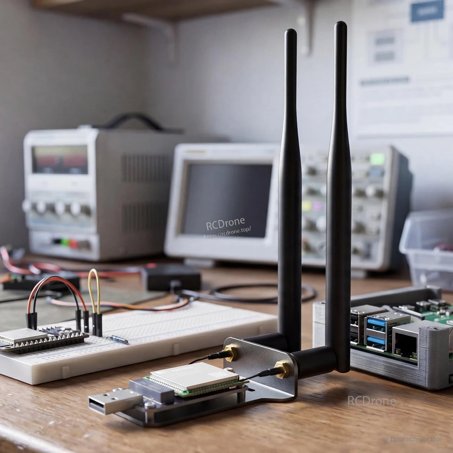 Workbench setup showing module on USB adapter with dual antennas connected next to development boards and test gear