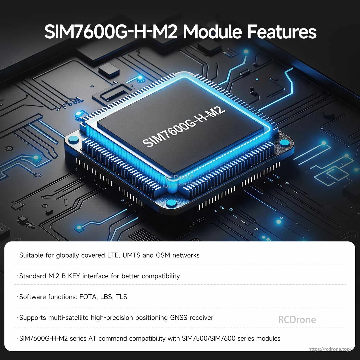 SIM7600G-H-M2 module features graphic showing global LTE/UMTS/GSM support, M.2 B key, GNSS and FOTA/LBS/TLS