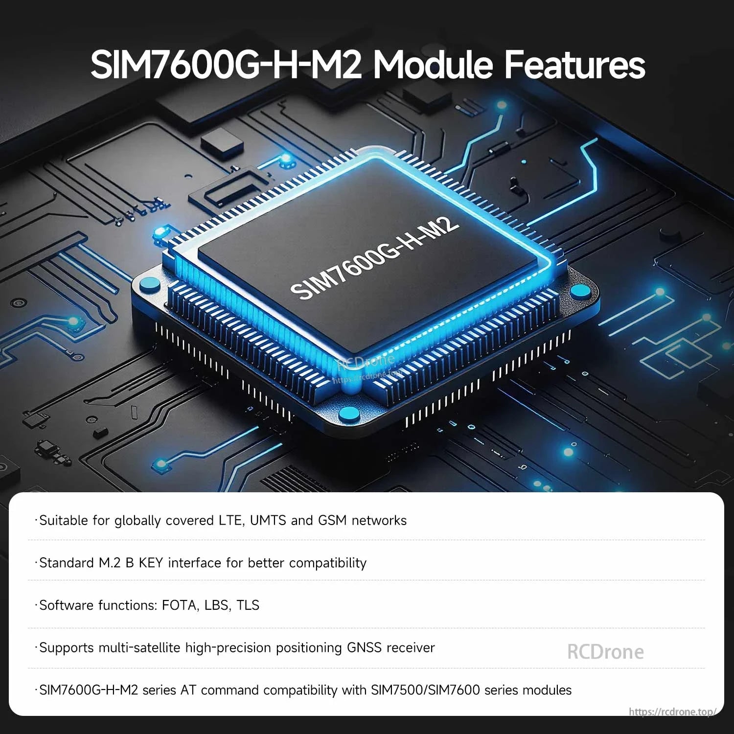 SIM7600G-H-M2 module features graphic showing global LTE/UMTS/GSM support, M.2 B key, GNSS and FOTA/LBS/TLS