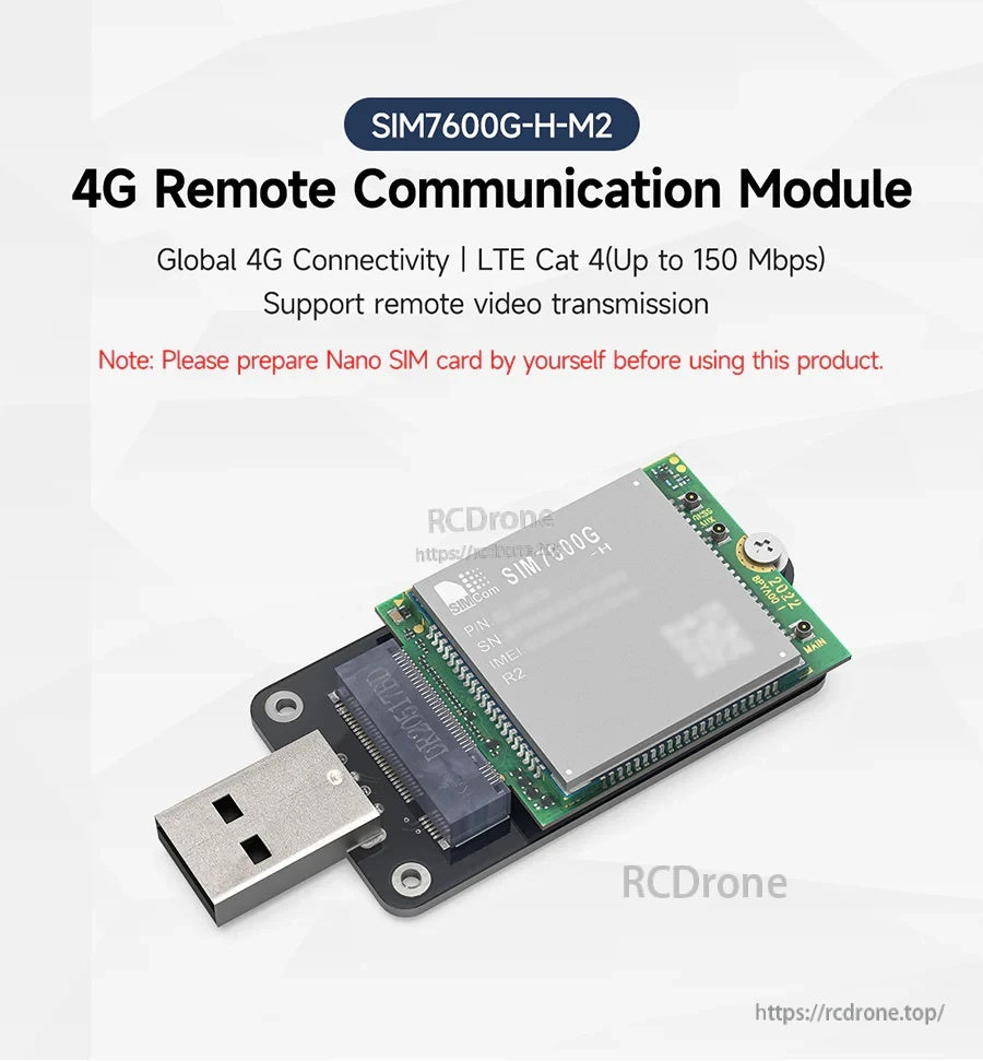 SIM7600G-H-M2 4G remote communication module on USB adapter, LTE Cat 4 with GNSS and M.2 B Key