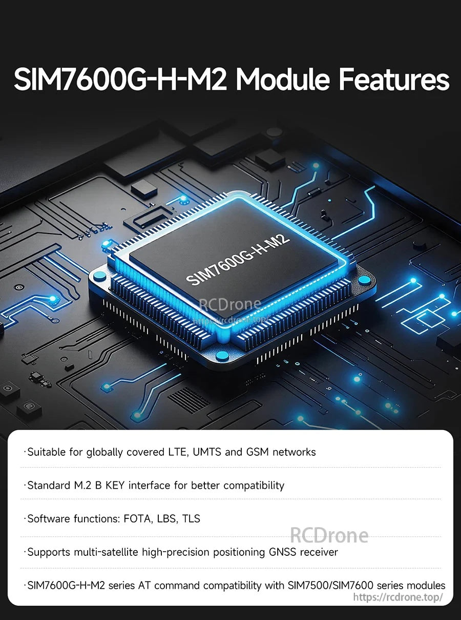 SIM7600G-H-M2 module feature graphic highlighting LTE/UMTS/GSM support, M.2 B Key, FOTA, LBS, TLS, and GNSS