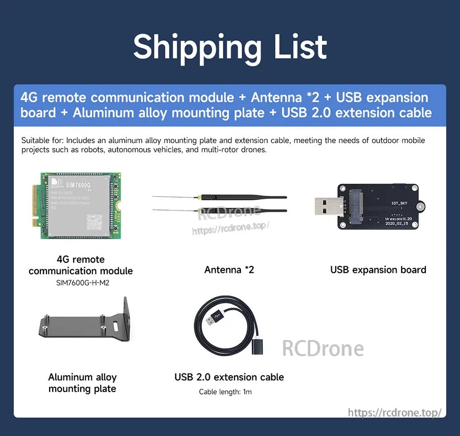 SIM7600G-H-M2 4G remote communication module kit with two antennas, USB expansion board, mount plate and USB 2.0 cable