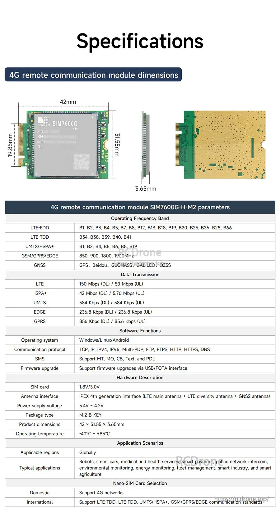 SIM7600G-H-M2 LTE Cat 4 M.2 B-key module spec sheet with 42 x 30 mm dimensions and top/bottom views