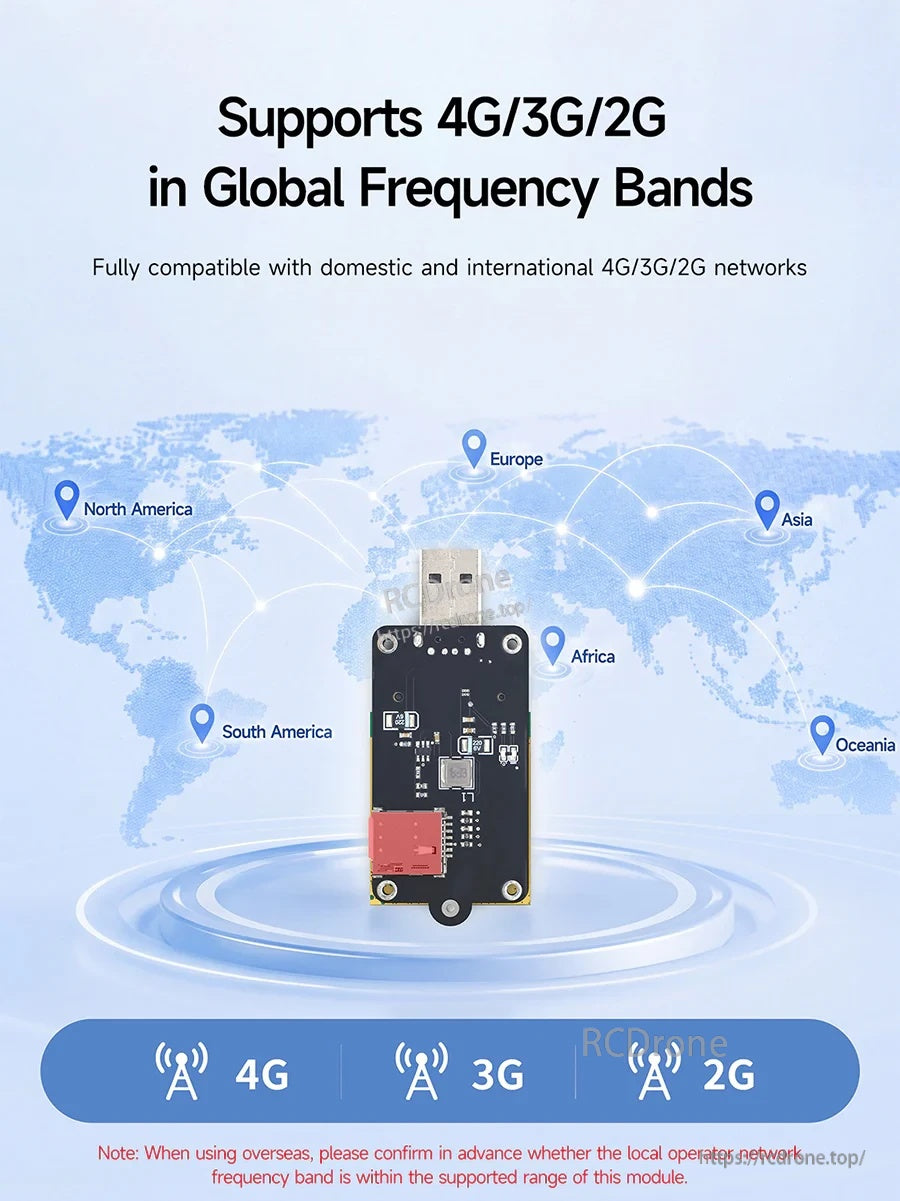 Global frequency band coverage graphic indicating support for 4G/3G/2G networks across regions
