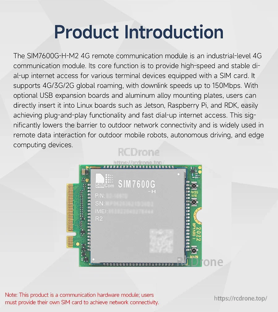 Top view of SIM7600G-H-M2 module showing the M.2 edge connector and shielded modem can
