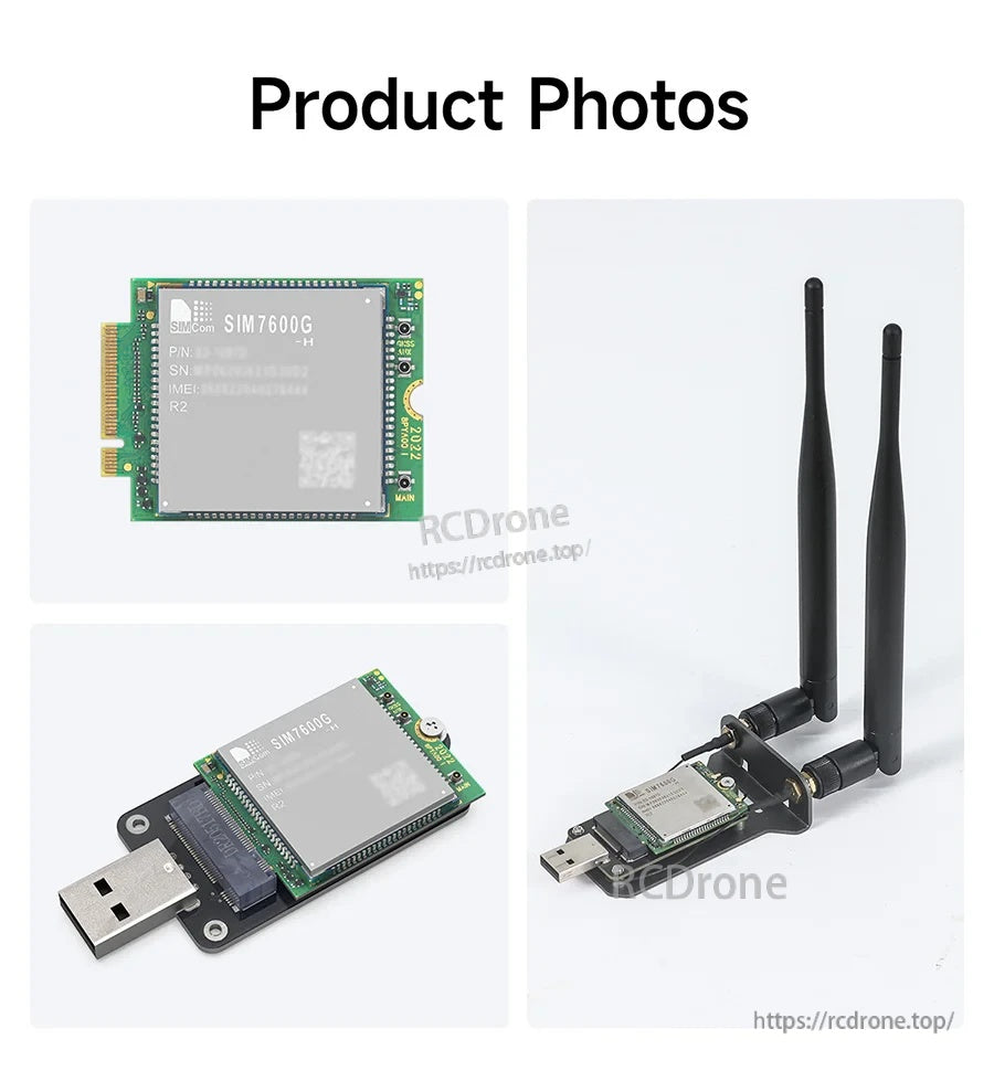 SIM7600G-H M.2 B-key LTE module with USB adapter board and two external antennas for cellular connectivity