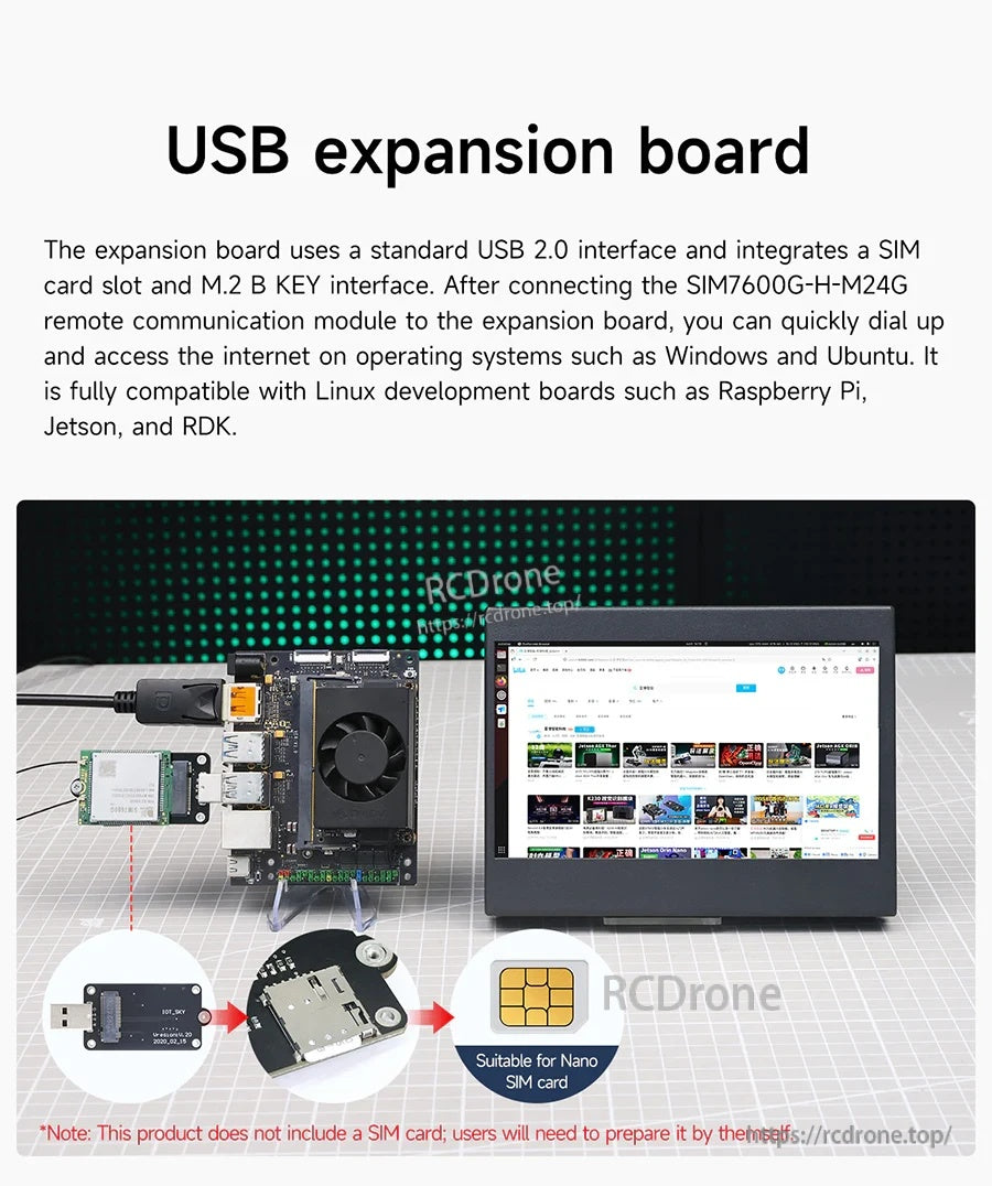 USB expansion board concept with SIM card slot and M.2 B Key interface connected to a development setup