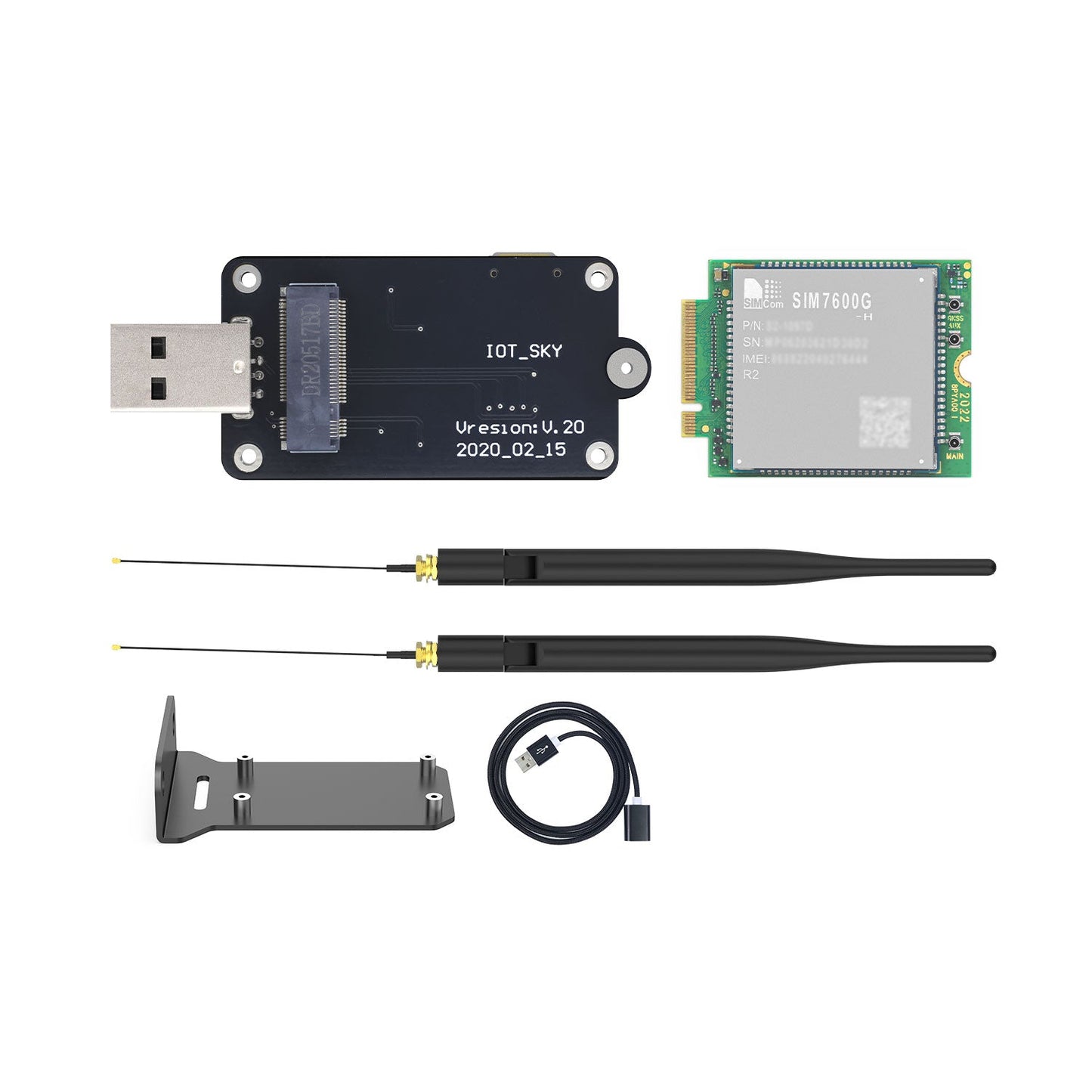 SIM7600G-H-M2 LTE Cat 4 M.2 module kit with USB adapter board, antennas, mount plate and USB cable
