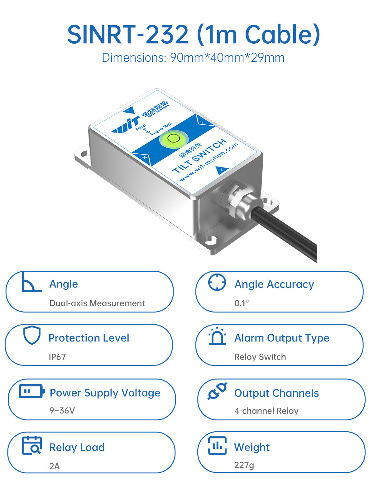 SINRT-232 (1m cable) feature icons showing dual-axis angle, accuracy, IP67 protection, 9–36V supply