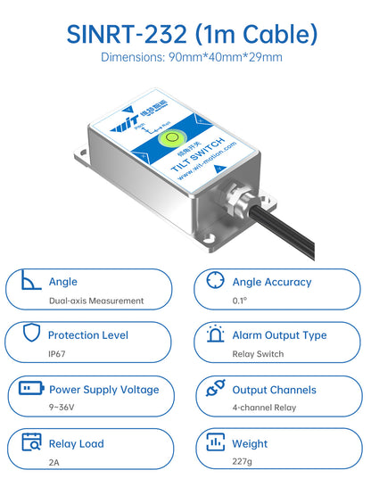 SINRT-232 (1m cable) feature icons showing dual-axis angle, accuracy, IP67 protection, 9–36V supply