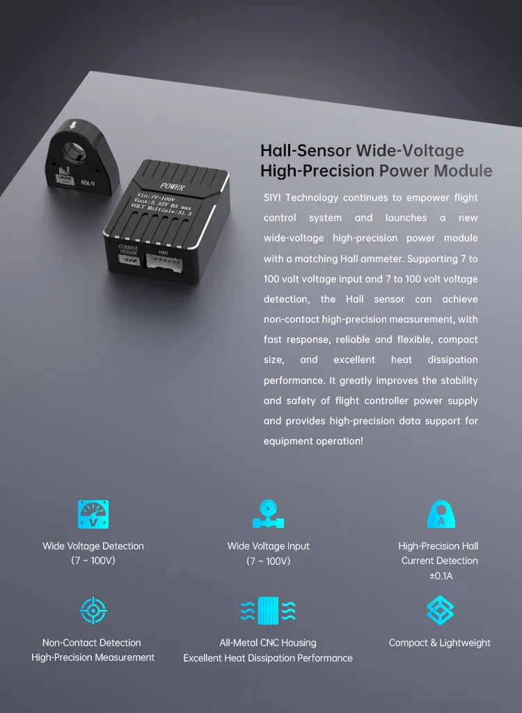 SIYI Hall Sensor Power Module, SIYI Technology introduces a wide-voltage high-precision power module with Hall sensor, supporting 7-100V input and detection.