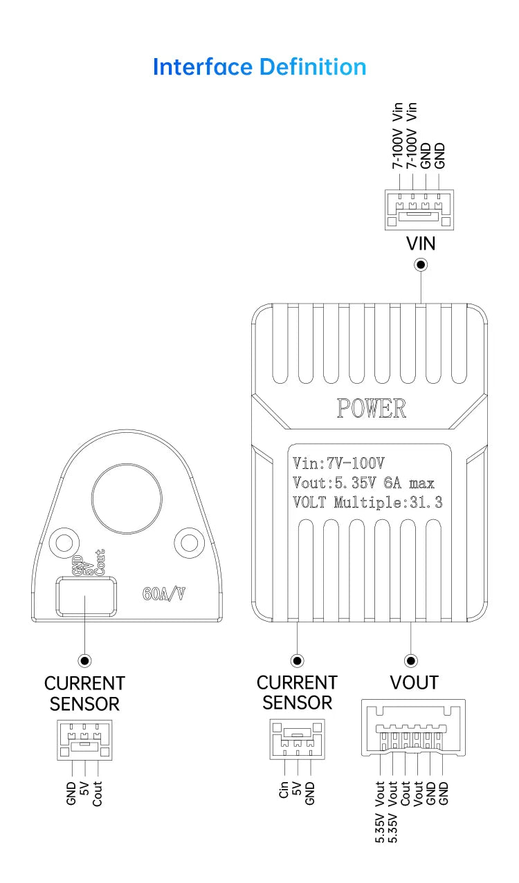 SIYI Hall Sensor Power Module, Power module for high-precision applications with wide voltage range, output limited to 5.35V and 6A maximum.