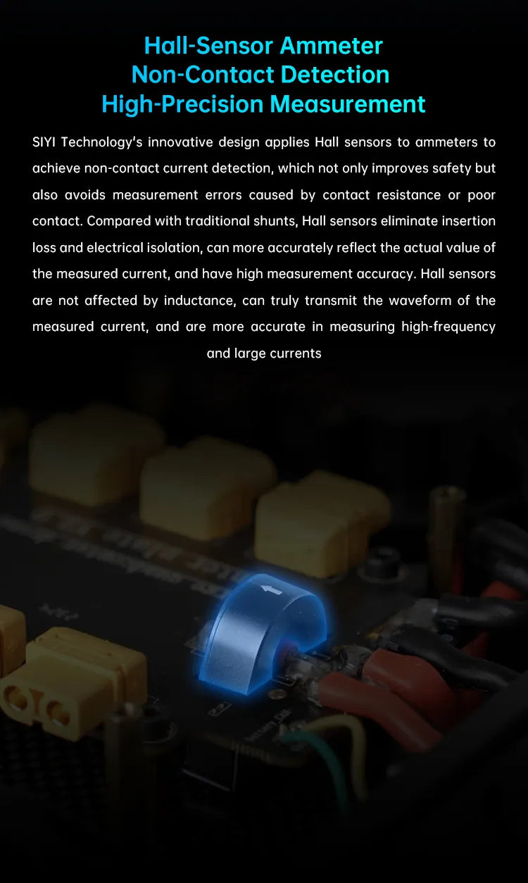 SIYI Hall Sensor Power Module, Hall sensors used for non-contact current detection, improving safety and accuracy, eliminating measurement errors and insertion loss.