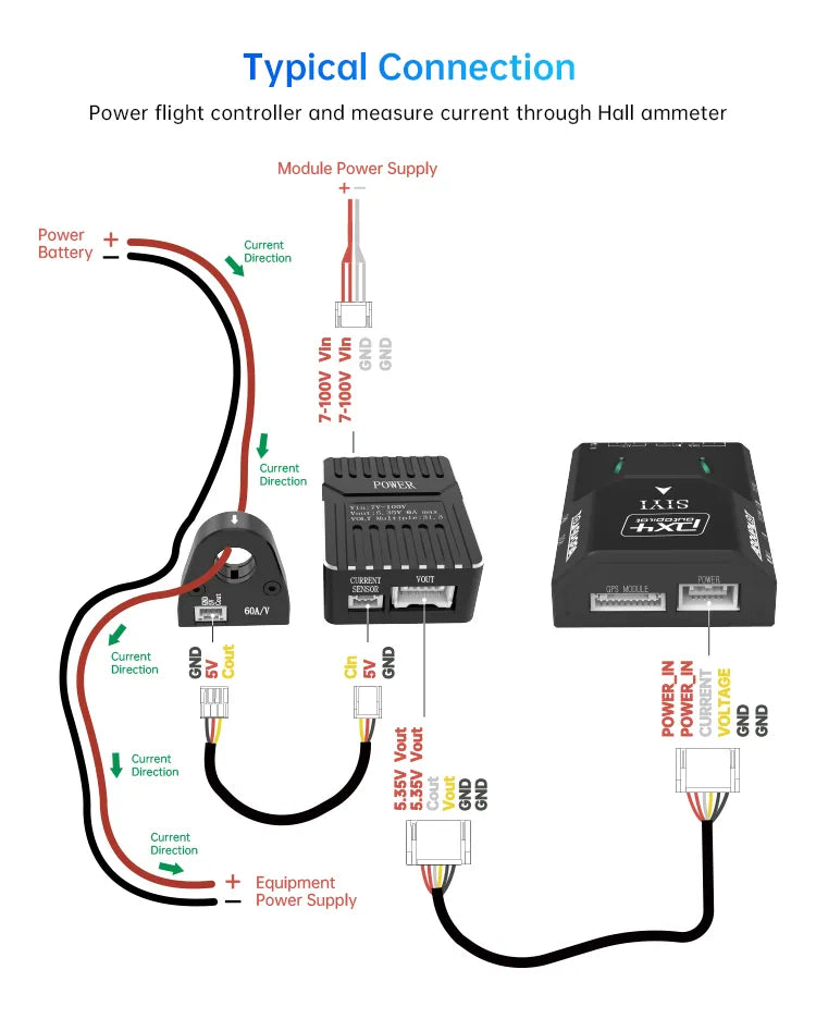 SIYI Hall Sensor Power Module, The SiyI Hall-Sensor Power Module measures current through hall ammeter and provides power supply, power current, and battery direction.