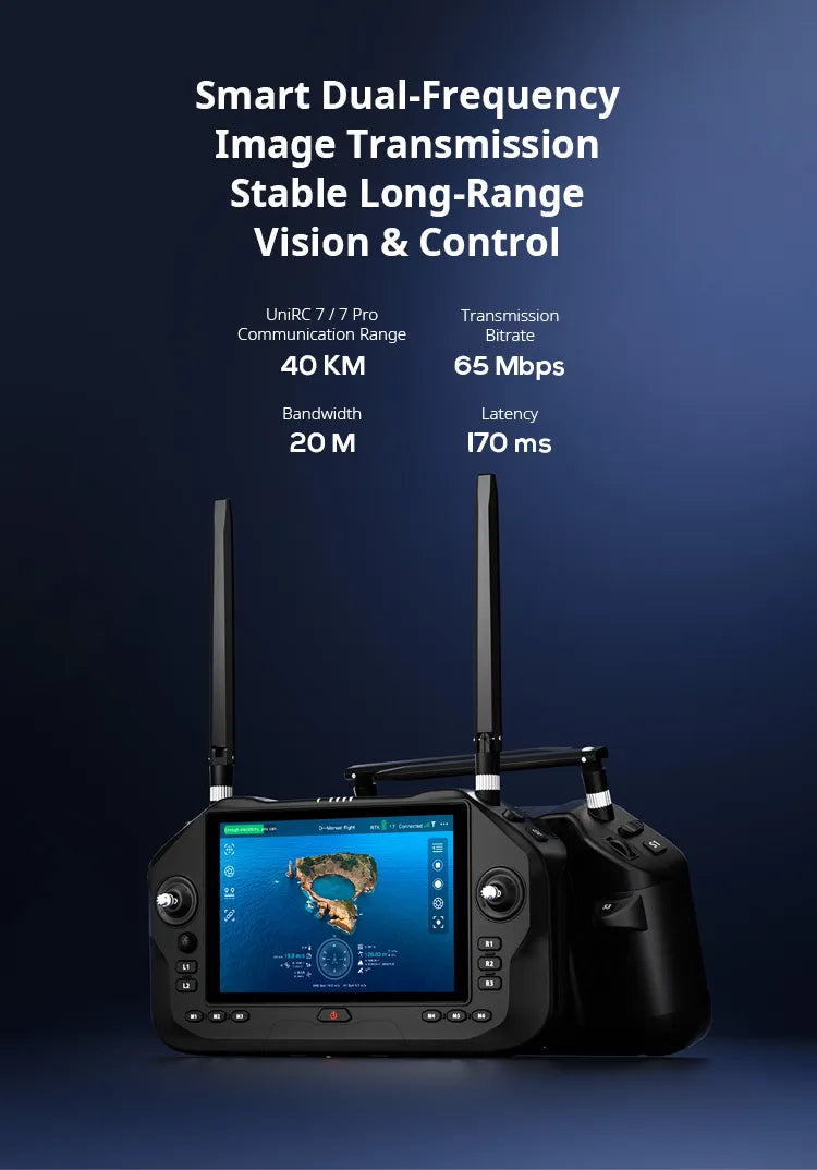 SIYI UniRC 7 / 7 Pro, The UniRC 7/7 Pro features long-range vision and control with a transmission range of 40km, bitrate of 65Mbps, and latency of 170ms.