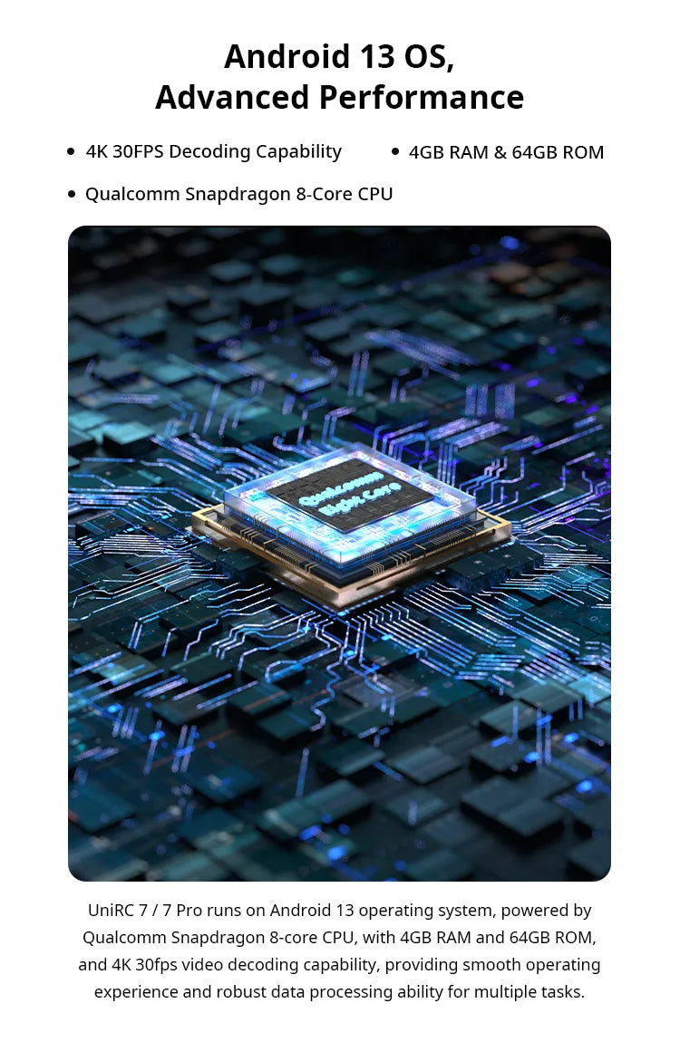 SIYI UniRC 7 / 7 Pro, Android 13 OS-based UniRC 7/7 Pro device runs on Qualcomm Snapdragon CPU with 4GB RAM and 64GB ROM, offering advanced performance capabilities.