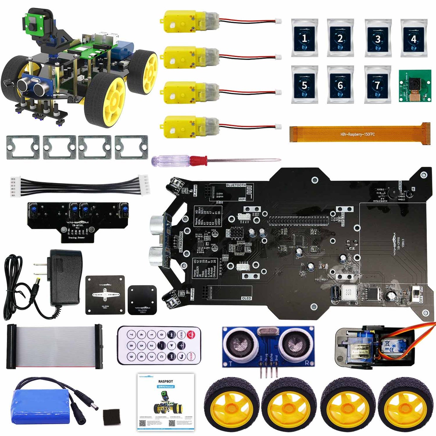 Kit parts layout showing chassis base board, motors, wheels, ultrasonic module, IR remote, camera and cables