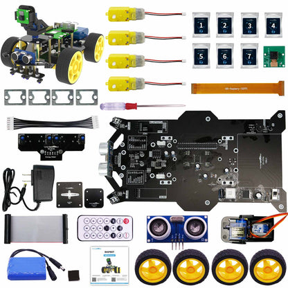 Kit parts layout showing chassis base board, motors, wheels, ultrasonic module, IR remote, camera and cables
