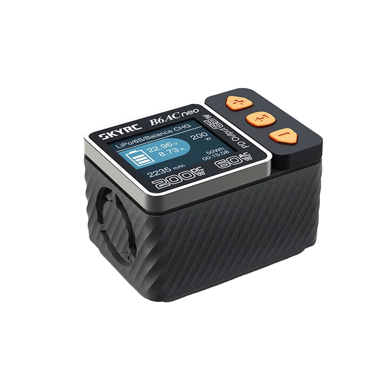 SKYRC B6ACneo balance charger with color display and orange control buttons in a compact black case