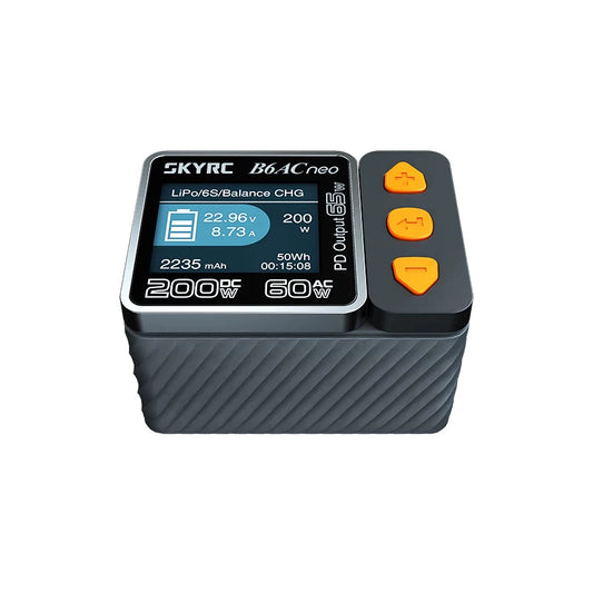 SKYRC B6ACneo balance charger with color display and three-button controls, labeled 200W DC and 60W AC