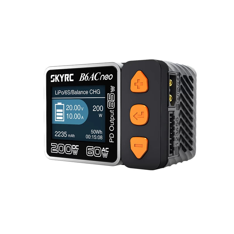 SKYRC B6ACneo balance charger with color display, orange control buttons, and 65W USB-C PD output labeling