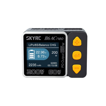 SKYRC B6ACneo balance charger with color screen showing LiPo 6S charge status and three control buttons