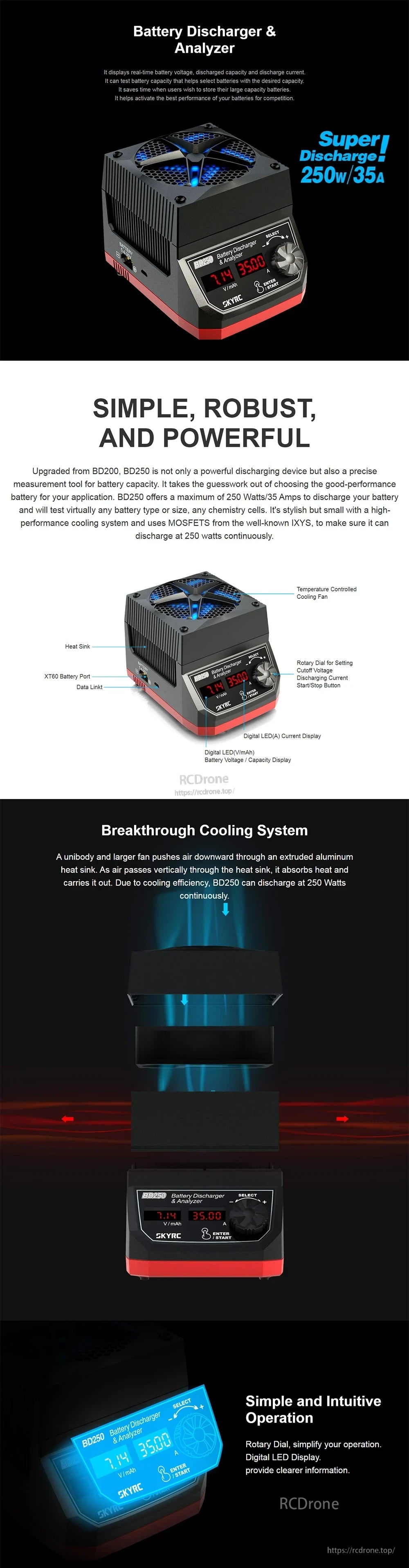 SKYRC BD250 battery discharger and analyzer with LCD screen, compact case, and 250W/35A discharge rating