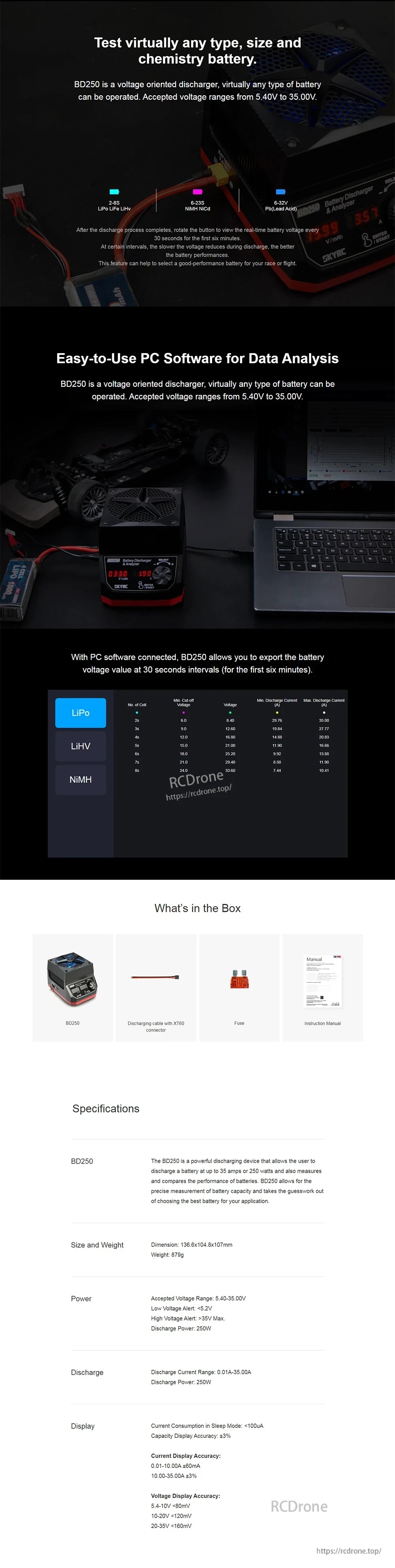 SKYRC BD250 battery discharger with red and black test leads, display screen, and PC software data graphs