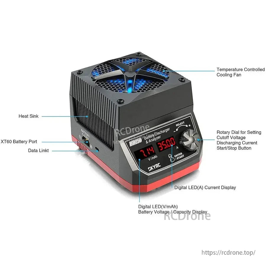 SKYRC BD250 battery discharger with top cooling fan, XT60 battery port, data link, and LED current/voltage display