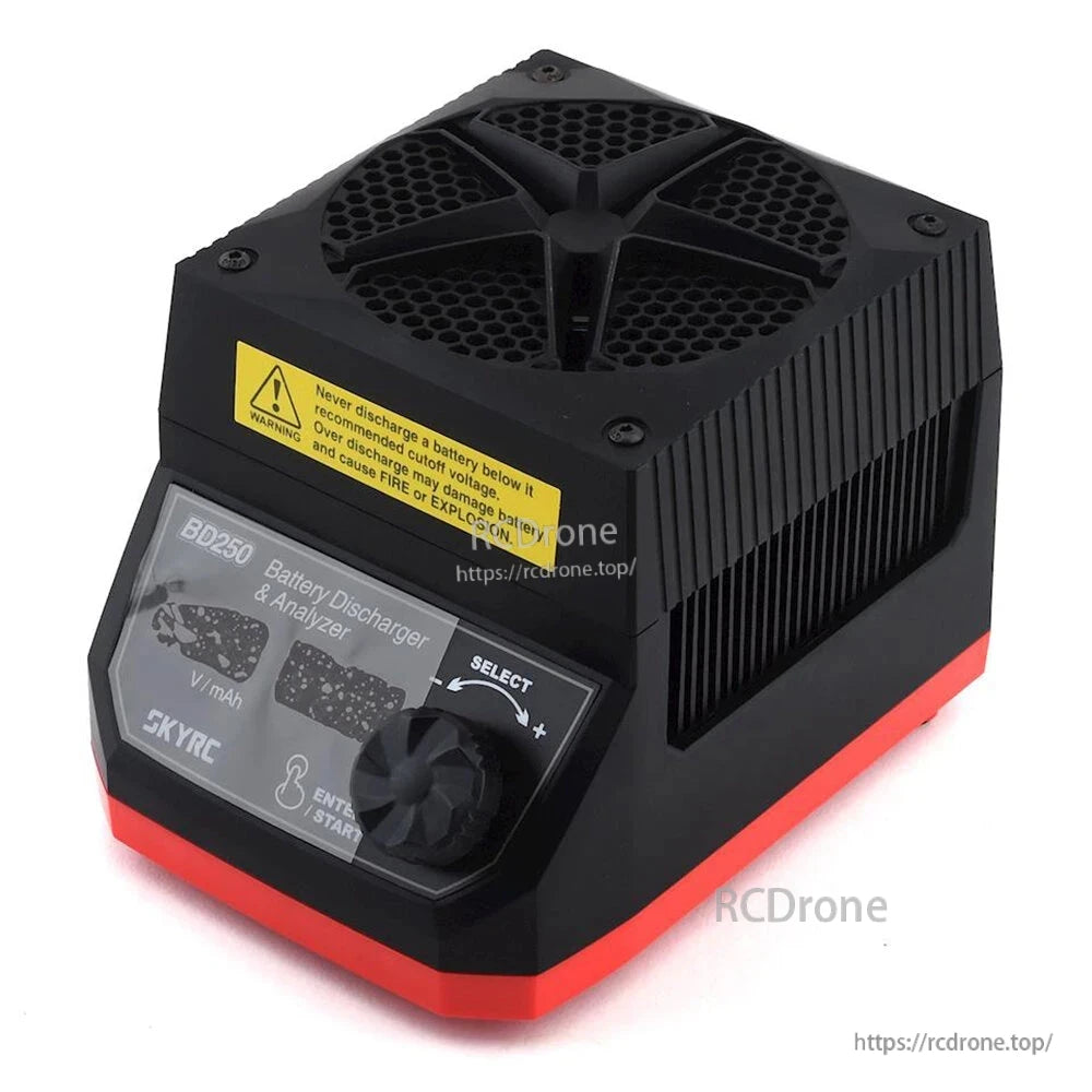 SKYRC BD250 battery discharger and analyzer with top cooling fan grille, front screen, and control knob