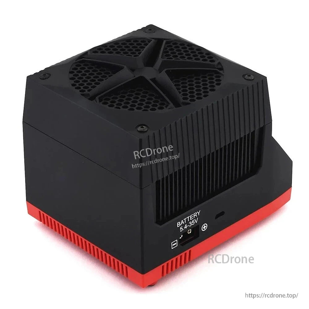 SKYRC BD250 battery discharger unit with top cooling fan grille and front label showing 5–43.5V battery input