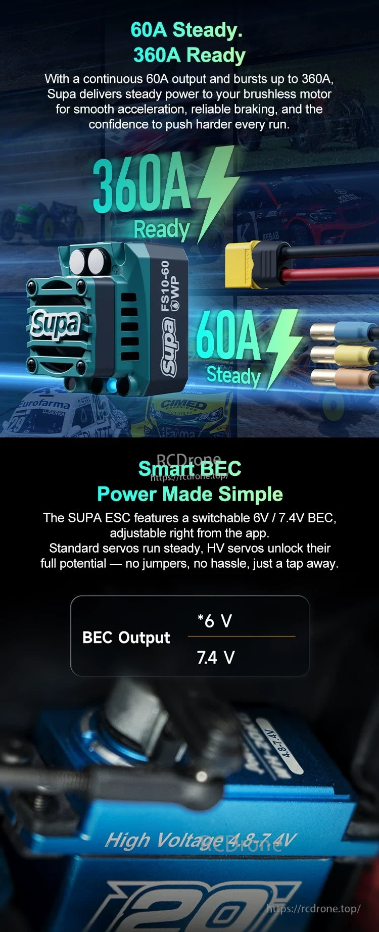60A continuous 360A burst output and switchable BEC 6V or 7.4V on the FuriaX Supa ESC