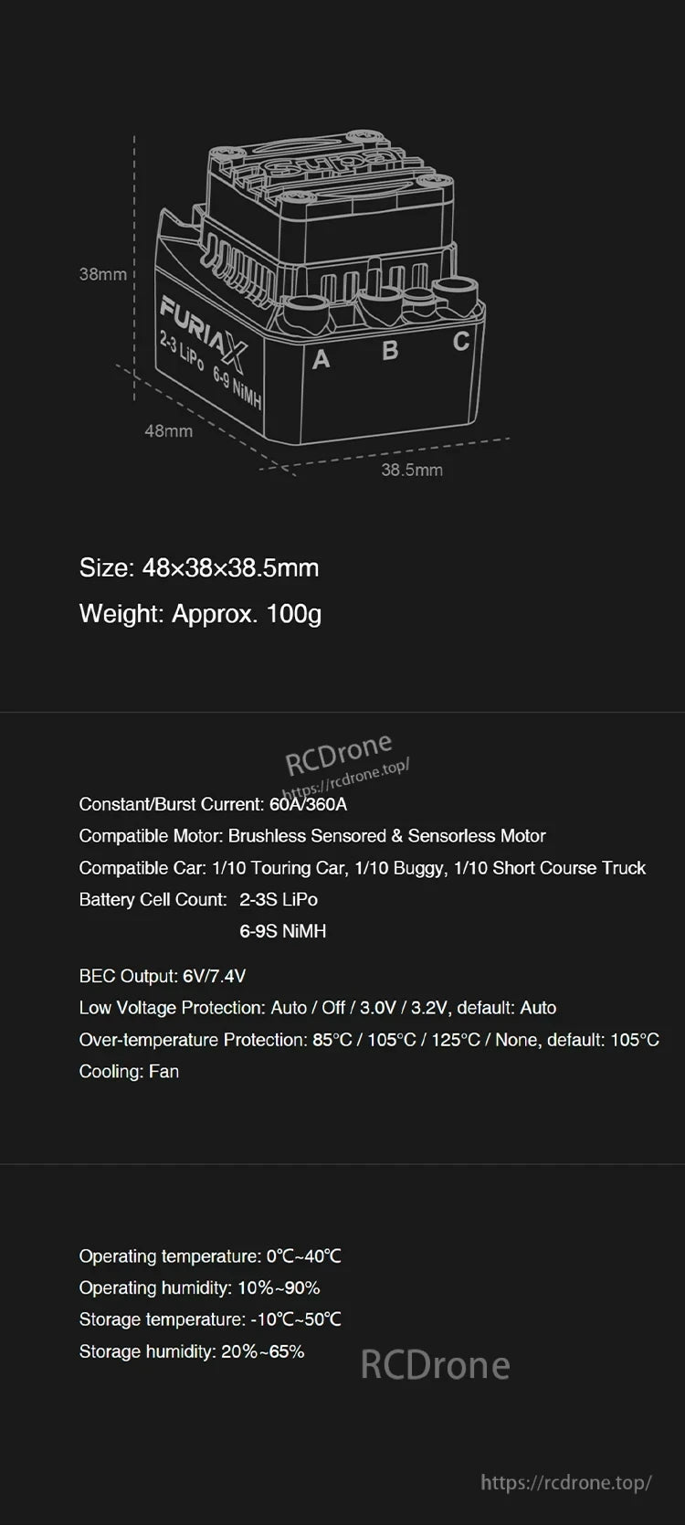 FuriaX Supa ESC dimensions 48 x 38 x 38.5 mm and key specifications chart (approx. 100g)