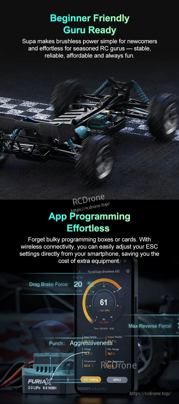 SKYRC FuriaX Supa ESC smartphone app programming screen for tuning throttle and brake settings